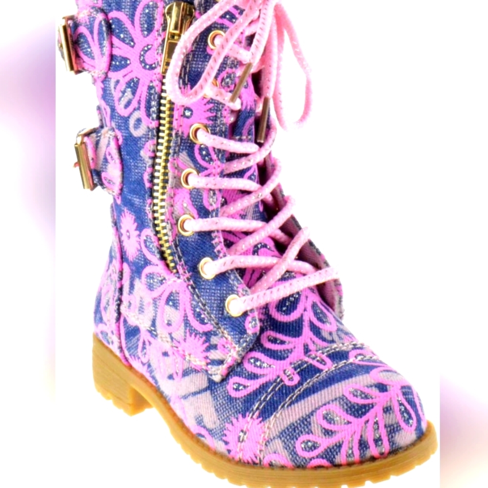 Forever Link Floral Denim Pink Girls Combat Boots